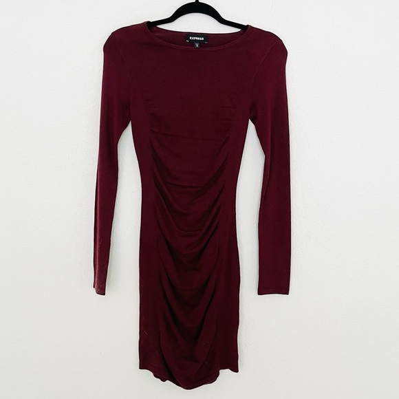 NWOT Express SOLID RUCHED SWEATER DRESS IN Merlot - Picture 5 of 5